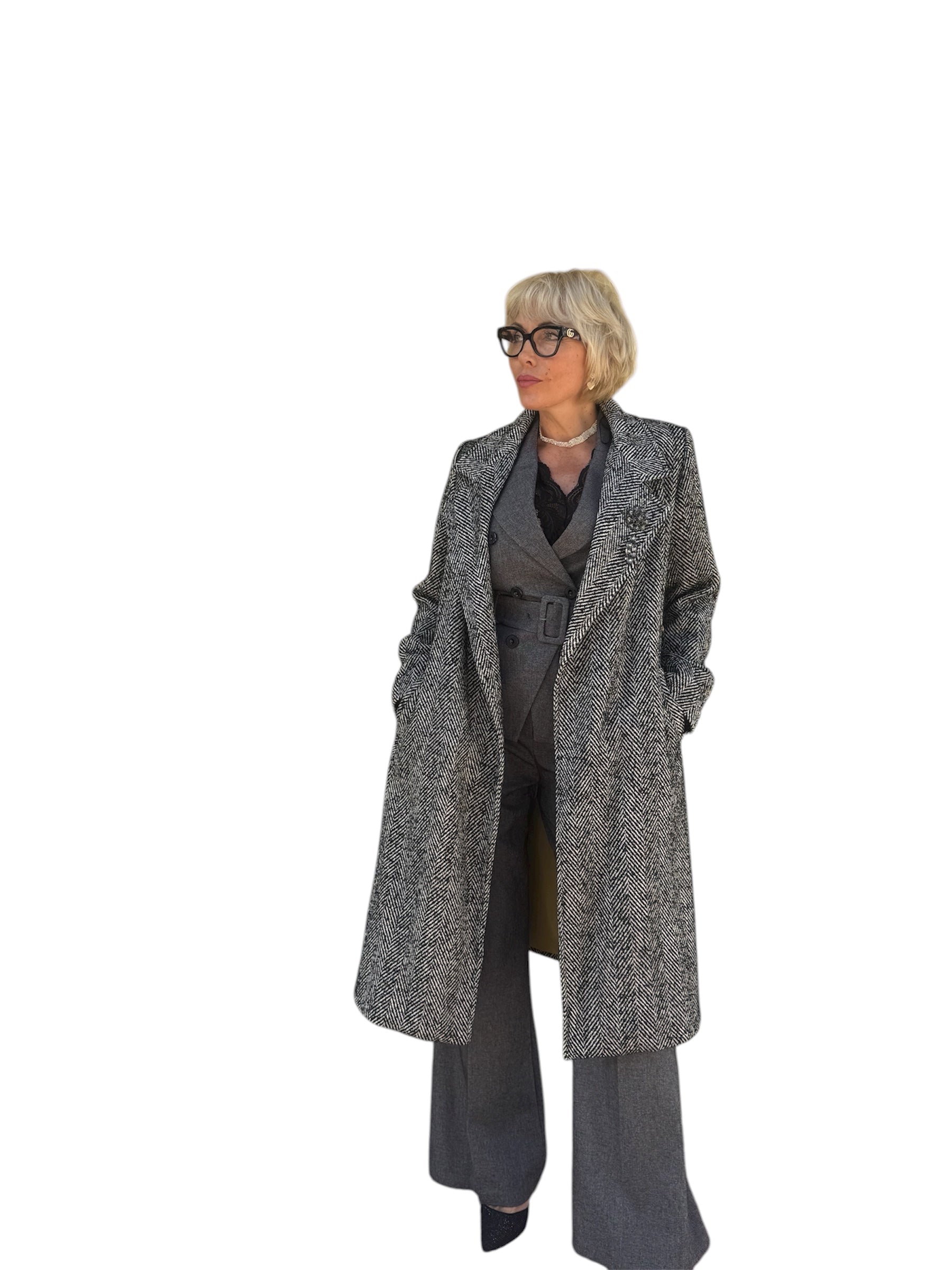 cappotto lungo con cintura tessuto spigato